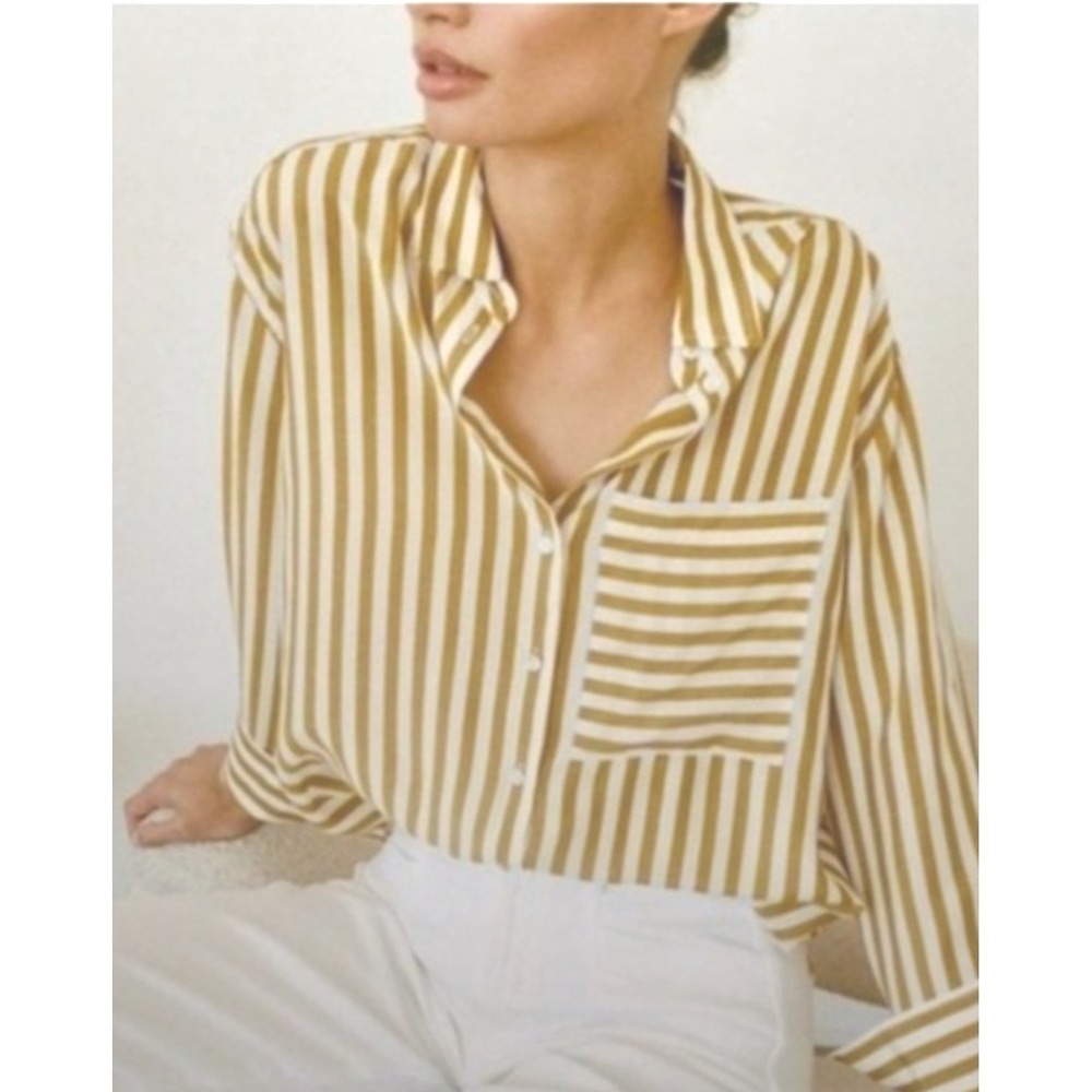 AYR Womens S The Deep End Button Down Shirt Yellow Stripe Silk Blend Oversized
